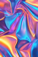 Fototapeta premium Abstract wallpaper with pearlescent silver foil with holographic tint, soft colorful glow in folds, metallic fantasy texture.