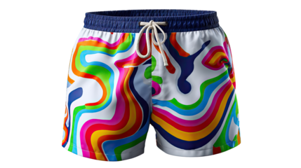 Swimwear Abstract: A vibrant pair of swim trunks with a colorful, abstract design. Evoking feelings of fun and the spirit of summer, these swim trunks are perfect for any beach outing. 