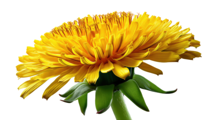 Radiant Dandelion: A detailed, close-up capture of a single vibrant yellow dandelion in full bloom, showcasing the intricate details of its petals, standing as a symbol of nature's resilience.