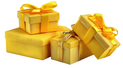 Gift Box Celebration: A stack of vibrant yellow gift boxes, meticulously wrapped with elegant ribbons, ready to enhance the excitement and anticipation of a special occasion.