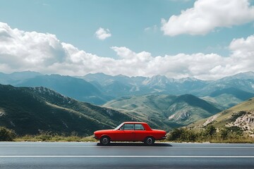 Naklejka premium Red Classic Car Mountain Road Landscape