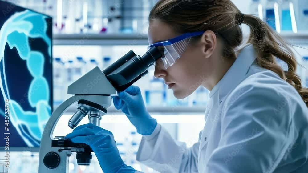 Fototapete A scientist studies a sample in a lab with a microscope, wearing safety glasses and gloves. A screen in the background has binary code. The lab is full of equipment.