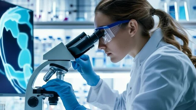 A scientist studies a sample in a lab with a microscope, wearing safety glasses and gloves. A screen in the background has binary code. The lab is full of equipment.