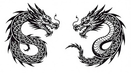 Chinese dragon silhouettes for tattoo isolated on white background