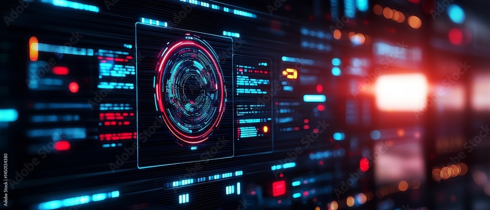Poster futuristic digital interface with glowing data visualization elements. business and predictive analy
