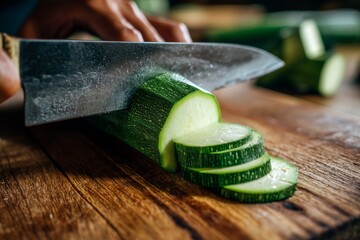 A skilled chef is slicing a fresh, green zucchini on a wooden cutting board for a healthy meal.