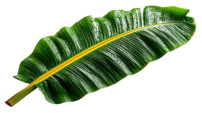 Banana Leaf: A vibrant green banana leaf with a prominent yellow midrib, showcasing its intricate vein patterns and lush texture.  
