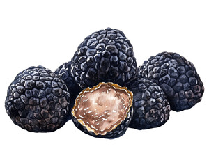 Watercolor illustration black truffles clipart on isolate transparent background