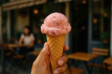 Delicious strawberry ice cream cone