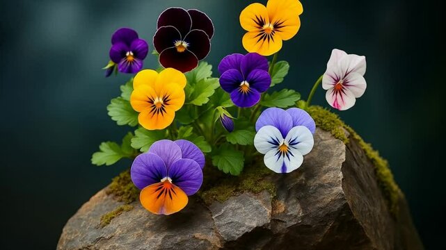 A cinematic macro shot of a vibrant cluster of multicolored pansy flowers blooming from a mossy rock