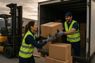 Naklejka premium Déchargement de cartons par des agents de logistique en gilet réfléchissant et casque, collaboration sur quai industriel, manutention de colis dans un contexte de transport professionnel
