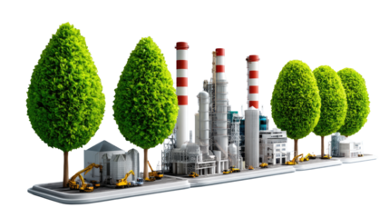 Environmental Harmony:  A conceptual representation of a modern industrial plant, harmoniously integrated with nature, illustrated with vibrant green tree elements and a clean, contemporary aesthetic.
