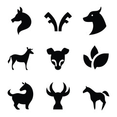Black Silhouette Vector Icon Set of Animals and Nature Symbols (Horse, Deer, Leaves
