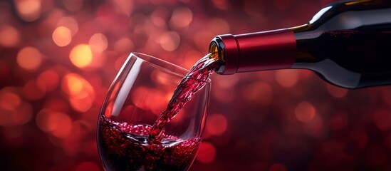 Red wine pouring from bottle into glass with elegant bokeh background