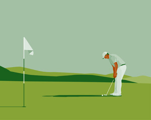 Golfclub competition poster. Template for golf competition or championship event. Blue sky and green golf field.