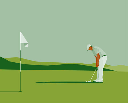Golfclub competition poster. Template for golf competition or championship event. Blue sky and green golf field.