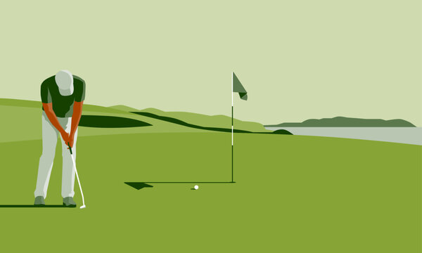 Golfclub competition poster. Template for golf competition or championship event. Blue sky and green golf field.