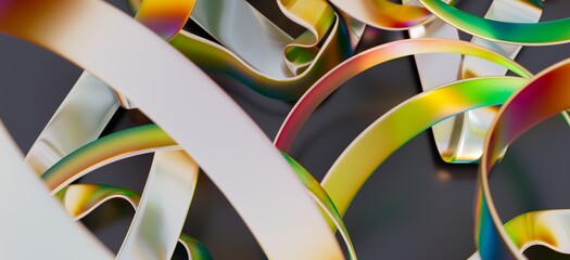 Vibrant iridescent metallic shapes create a dynamic abstract background. Perfect for modern design.