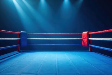 Blue boxing ring, red & white ropes, square canvas, training equipment, sports ring, fight