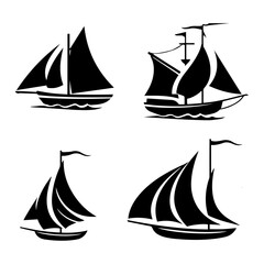 Set of boats and ship silhouettes vector illustration. Editable Vector