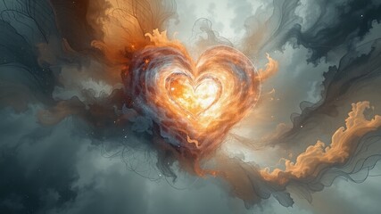 Heart of Celestial Fire: A mesmerizing depiction of a heart formed by radiant flames and ethereal clouds, symbolizing passion, love, and the power of the soul in a dreamlike, emotional state.
