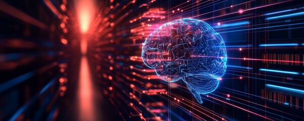 Obraz premium Digital brain with data streams in a futuristic environment. Education technology online learning ai powered education.