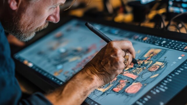 A creative professional working on a digital animation project using a stylus on a tablet, with character designs on the screen