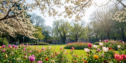 Spring Garden Scene: Vibrant tulips and blossoming trees create a breathtaking springtime scene in a meticulously manicured garden, bathed in the warm glow of sunshine.