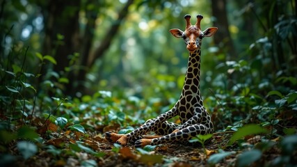 Obraz premium Giraffe in Woodland: A unique shot, revealing a giraffe relaxed and seated amongst dense woodland foliage, creating a peaceful yet captivating image.
