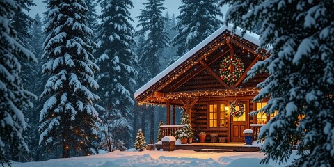 Fototapeta premium Winter Cabin Scene: A charming, cozy cabin nestles within a snow-dusted evergreen forest, bathed in the soft, inviting glow of interior lights.