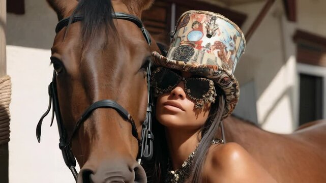 Equestrian style portrait of a woman in patterned top hat and ornate sunglasses posing with a beautiful brown horse in sunlight.