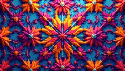 Intricate geometric shapes form a vibrant repeating pattern , complex, print