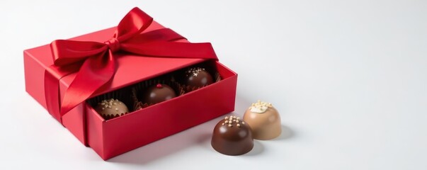 Sleek red box, chocolates nestled inside, white backdrop, detail, product, confectionery