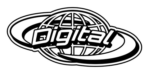 Retro futuristic logo with globe and orbit elements. Y2K inspired typography perfect for cyber, tech, and digital themes. Bold monochrome style, ideal for modern branding, internet and sci-fi vibes.