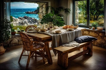 Obraz premium coastal dining room with rustic wooden table set for a meal, featuring wicker chairs and bench seating, surrounded by stone walls and large windows with ocean and garden views in warm natural light