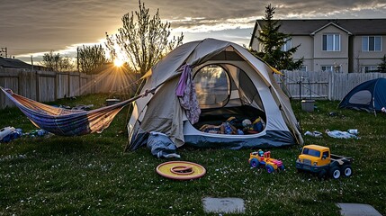 Backyard camping setup at sunset, a peaceful scene.