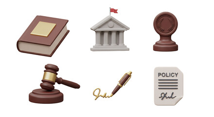 Law and Justice Concept Featuring Brown Book Courthouse Award Gavel Pen and Policy Document on Transparent Background
