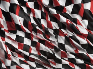 Obraz premium Checkerboard Flag: A dynamic abstract composition, an intricately woven flag in red, black, and white, dancing with the wind, evoking notions of speed, competition, and celebration.