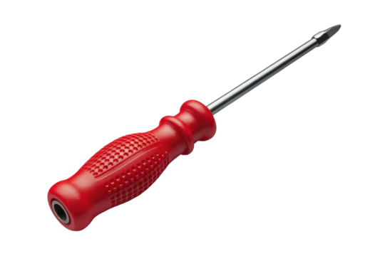Isolated screwdriver with a red handle on a plain black background on transparent background