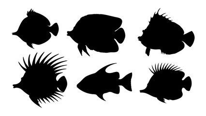 set of sea fish silhouette vector on white background