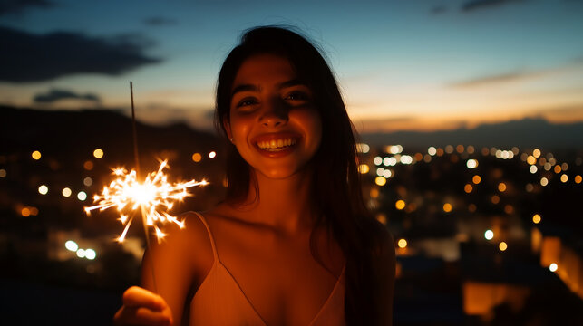 Young woman enjoying a sparkler celebration at sunset in Mexico with a city backdrop - Powered by Adobe