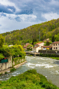 Salat River flowing through the village of Seix in the Couserans region of Ari&egrave;ge