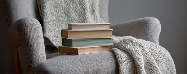 Stack of classic novels on cozy armchair with knitted blanket
