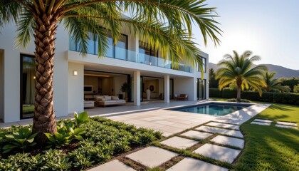 Fototapeta premium luxury villa exterior with palm trees stone pathway and contemporary design under soft morning sunlight