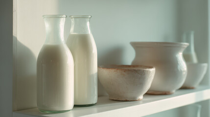 Sunlit kitchen shelf with glass milk bottles and ceramic bowls