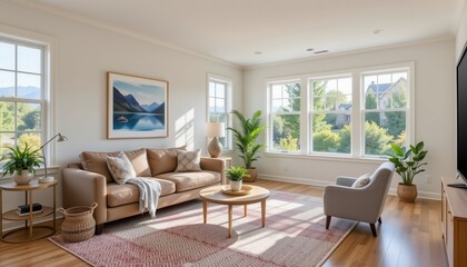 Fototapeta premium living room with cozy couch framed art and sunny windows capturing lifestyle and comfort in property promotion