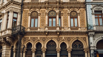 Obraz premium Architectural Tapestry: Intricate ornamentation adorns the façade of a historic building, with a timeless elegance that reflects the city's rich architectural heritage.