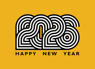 Modern 2026 design with Happy New Year text, greeting card cover template, new year party logo for business, isolated vector illustration. Design for t-shirt. Typography design