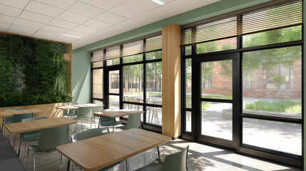 Fototapeta premium A modern classroom features biophilic design with large windows, green plants, and wooden elements creating a fresh and inviting learning space