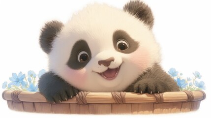 Adorable cartoon panda rests in a basket, surrounded by little blue flowers